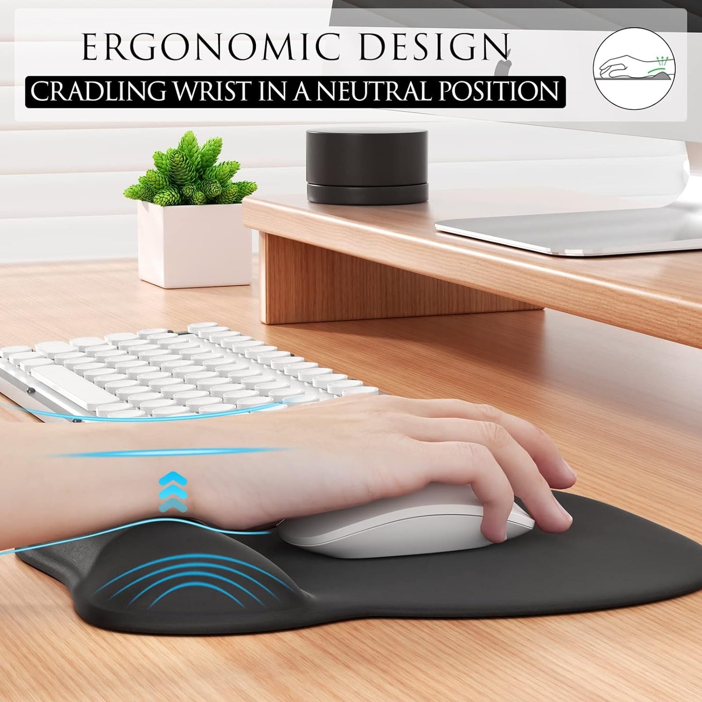 Ergonomic Mouse Pad with Gel Wrist Rest, Comfortable Mousepad with Smooth Wrist Support Surface and Non-Slip PU Base for Pain Relief, Computer, Laptop, Office & Home, 9.4 X 8.1 In, Black Color