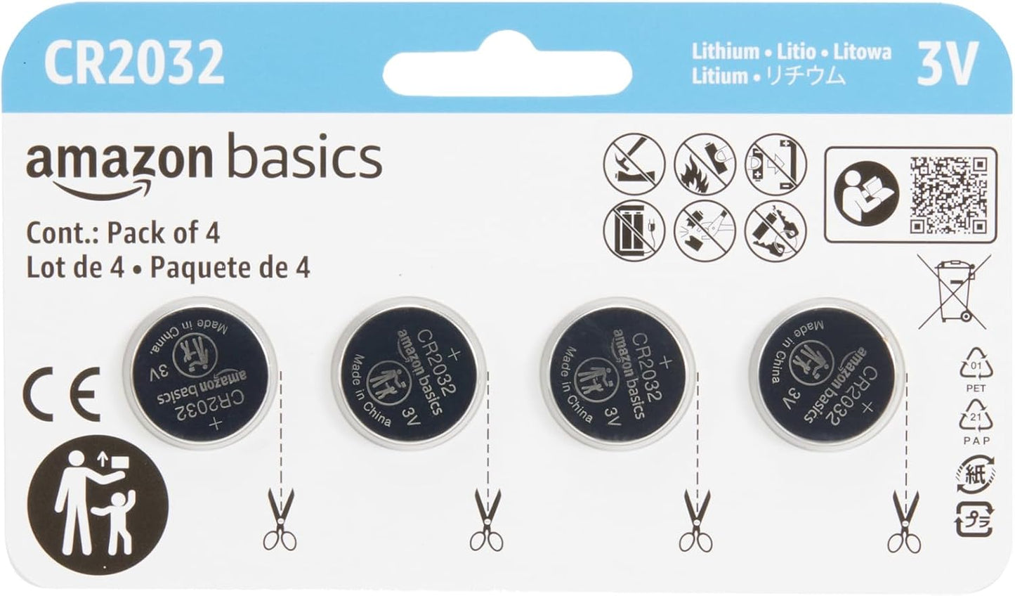 4-Pack CR2032 Lithium Coin Cell Battery, Compatible with Airtag, 3 Volt, Long Lasting Power, Mercury-Free